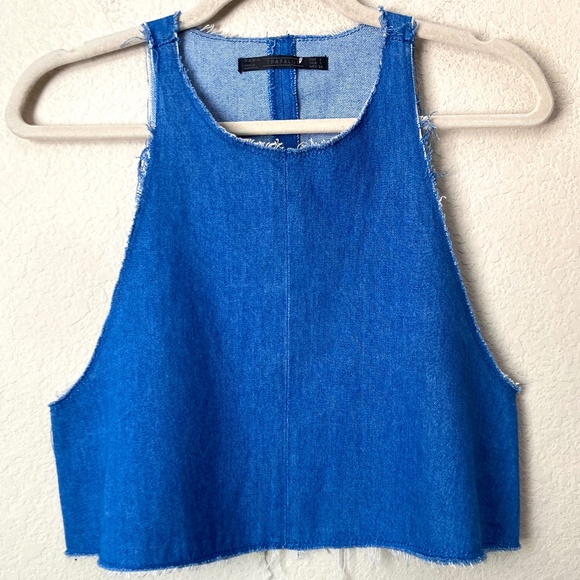 Zara Tops - 🌷 Zara Trafaluc Denim Frayed Edge High Neck Essential Boho Festival Tank Top